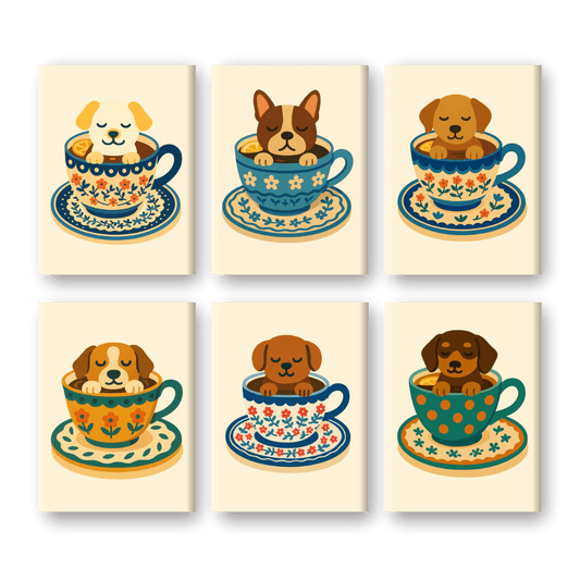 6 Mini Paintings - Dogs in Coffee Cups Set-Paint by numbers