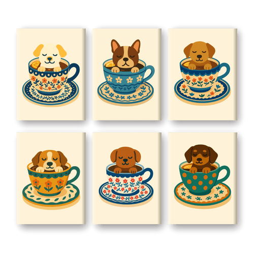 6 Mini Paintings - Dogs in Coffee Cups Set