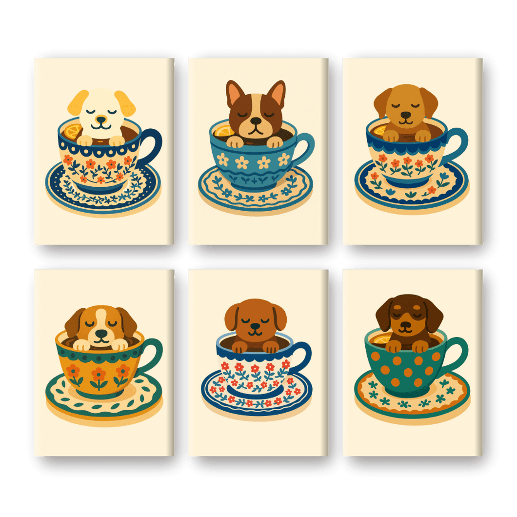6 Mini Paintings   Dogs in Coffee Cups Set