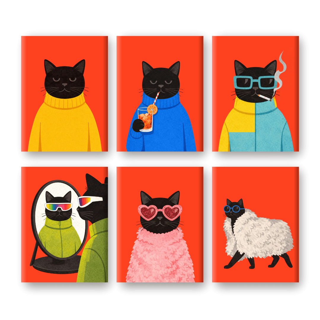 6 Mini Paintings - Elegant Black Cat Set- Paint by Numbers