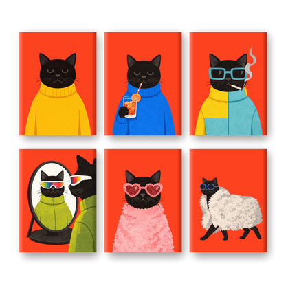 6 Mini Paintings - Elegant Black Cat Set- Paint by Numbers