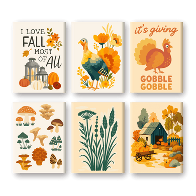 6 Mini Paintings - Autumn & Turkeys Set