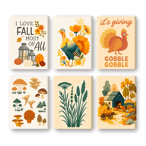 6 Mini Paintings - Autumn & Turkeys Set