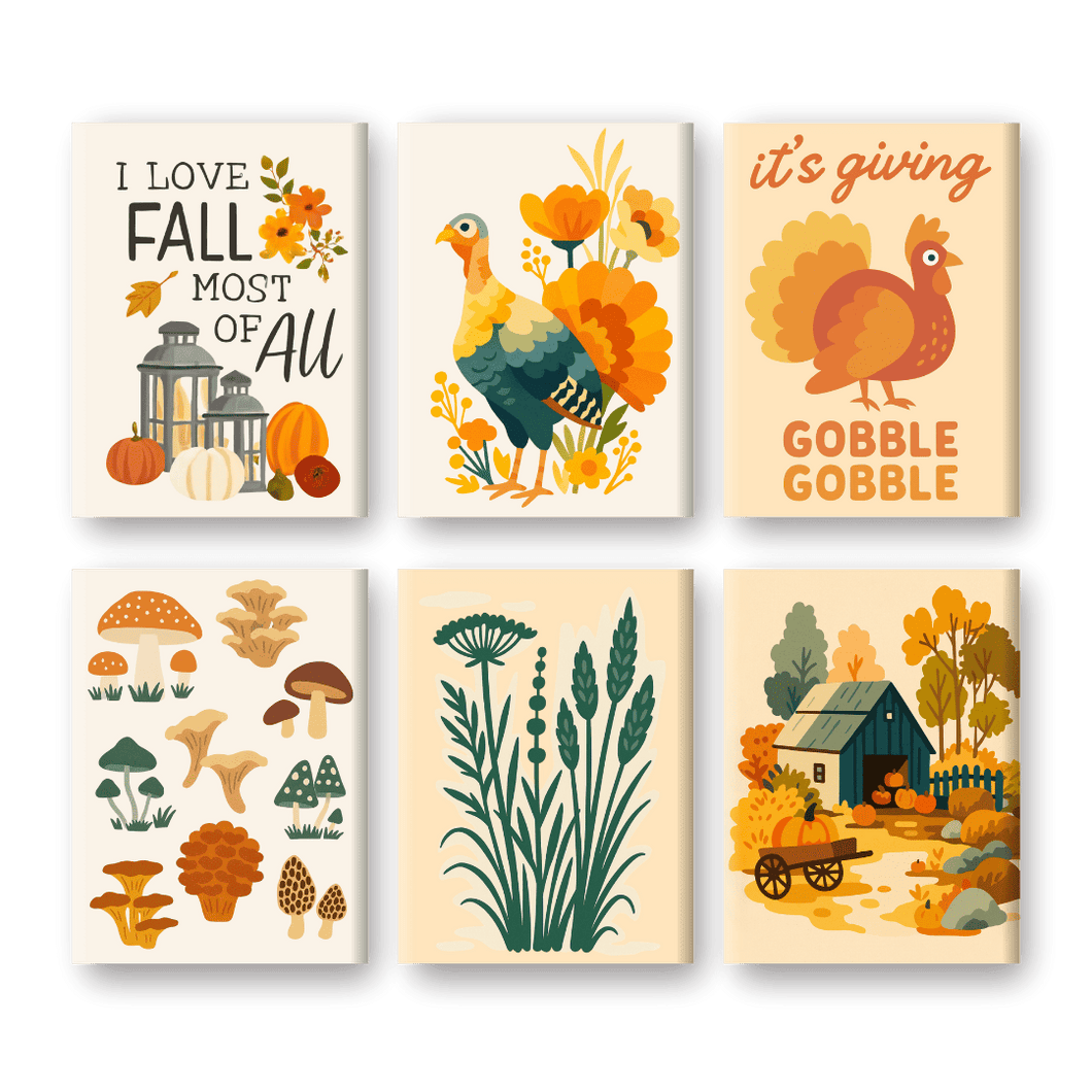 6 Mini Paintings   Autumn & Turkeys Set