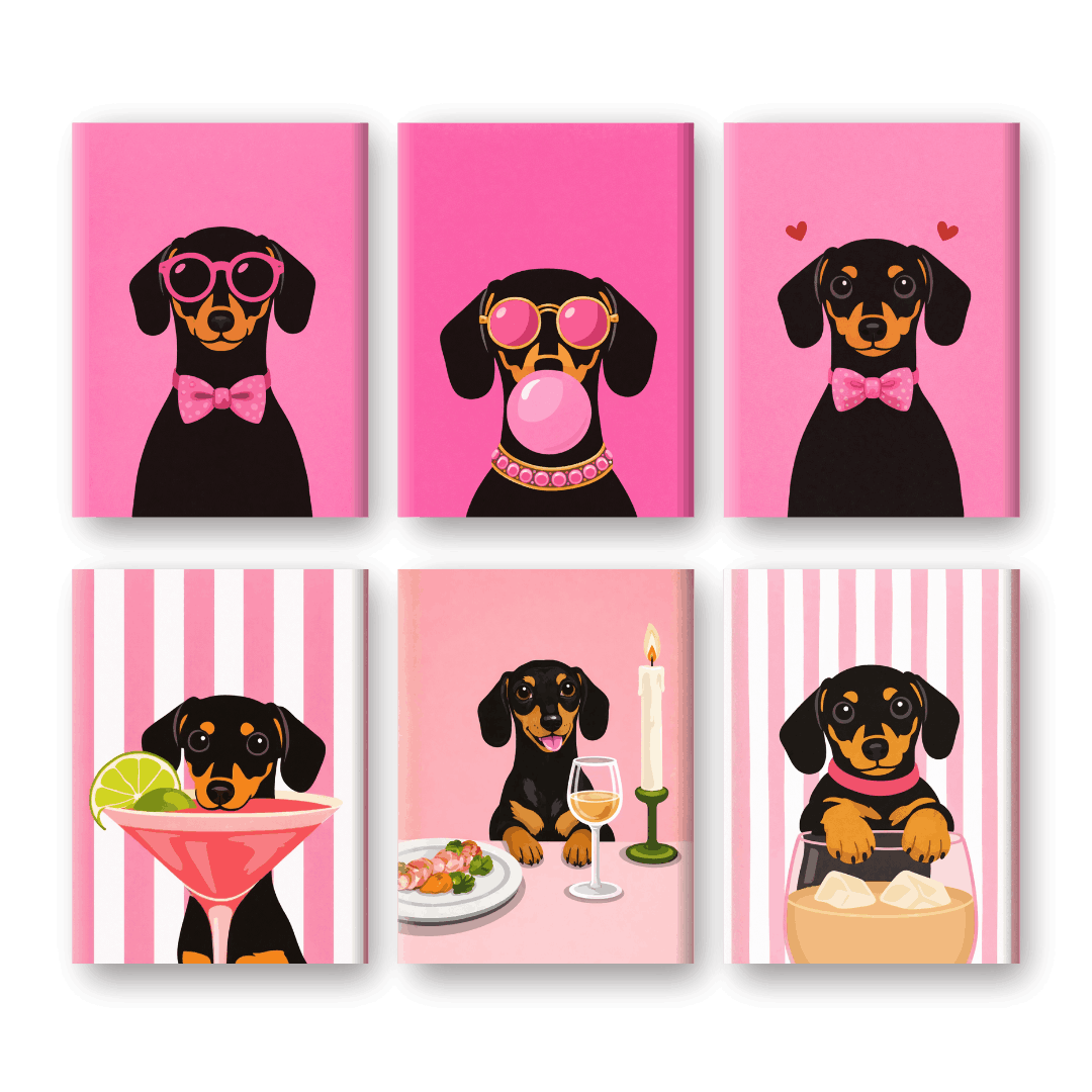 6 Mini Paintings - Pink Dachsund Set- Paint by Numbers
