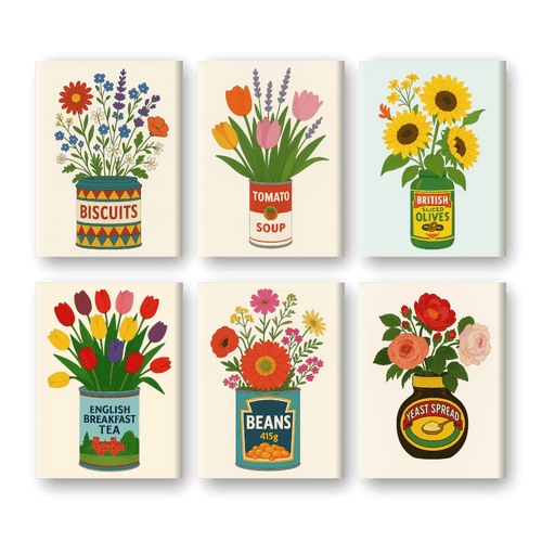6 Mini Paintings - Flowers in Cans Set