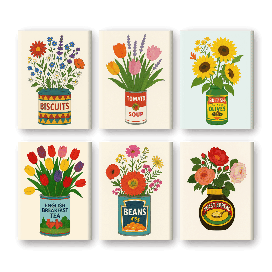 6 Mini Paintings   Flowers in Cans Set