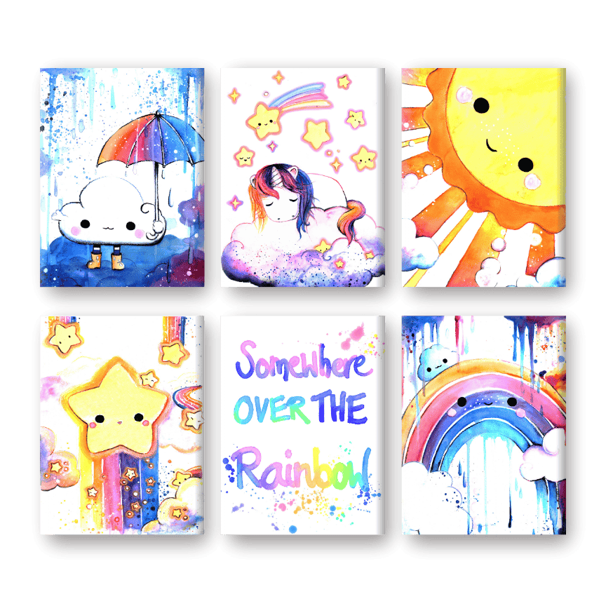 6 Mini Paintings | Kawaii Rainbow Set - By Tiny Tami-Paint by numbers