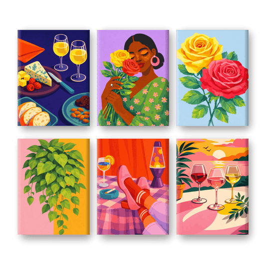 6 Mini Paintings - Wine & Flowers Set- Paint by Numbers