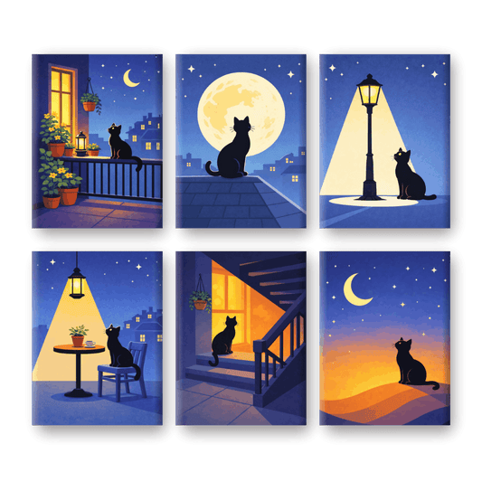 6 Mini Paintings - MIdnight Cat Set- Paint by Numbers