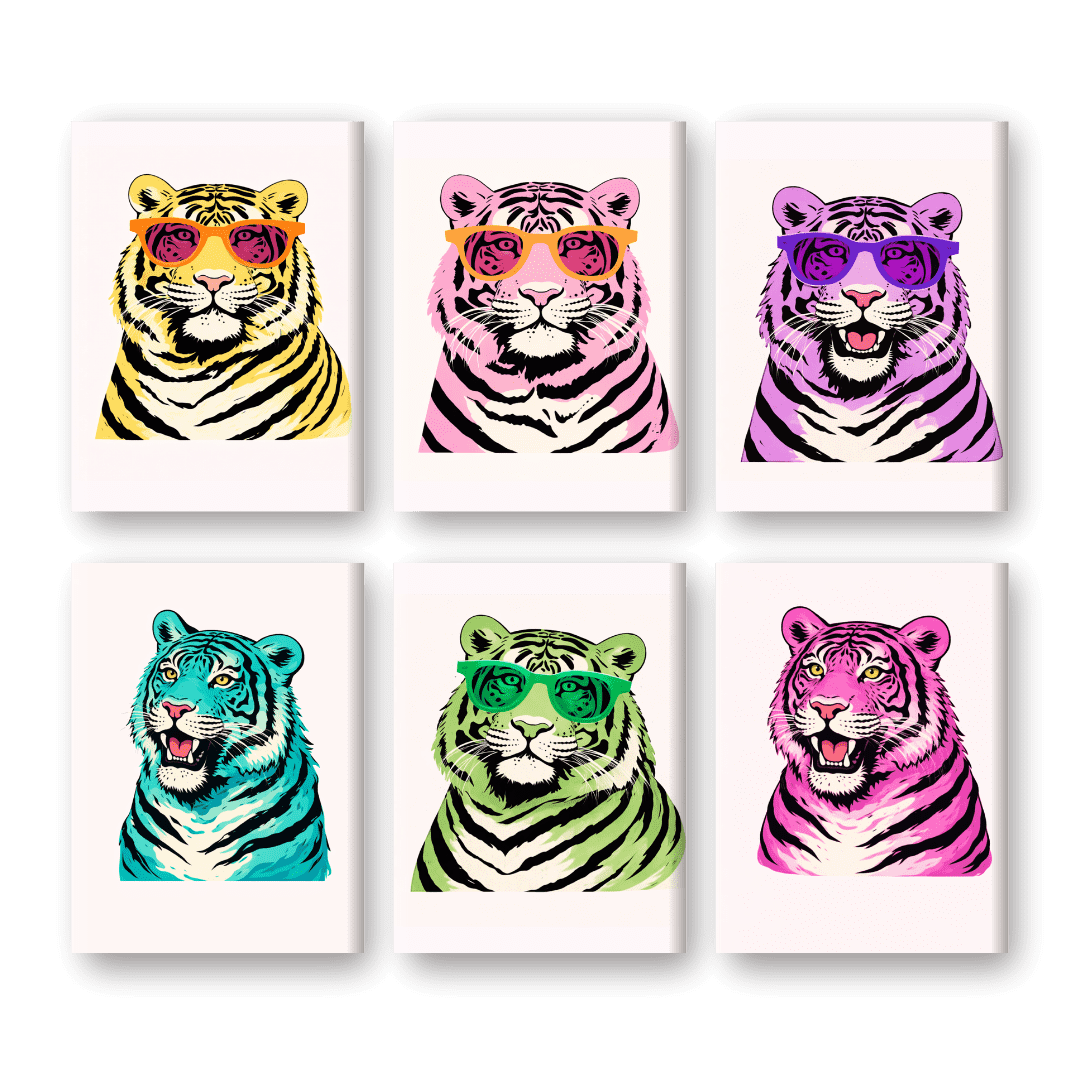 6 Mini Paintings - Pop Art Tigers Set- Paint by Numbers