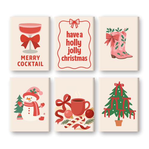 6 Mini Paintings - Red & Pink Christmas Set