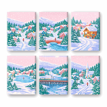 6 Mini Paintings - Snowy Village Set- Paint by Numbers