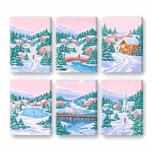 6 Mini Paintings - Snowy Village Set- Paint by Numbers