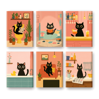 6 Mini Paintings - The Black Cat Set