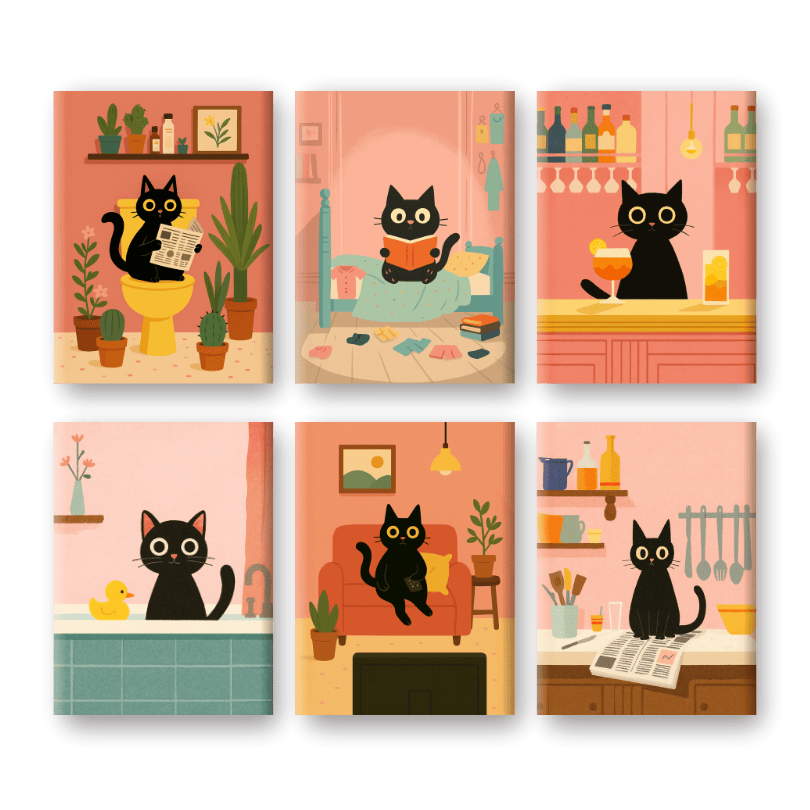 6 Mini Paintings   The Black Cat Set