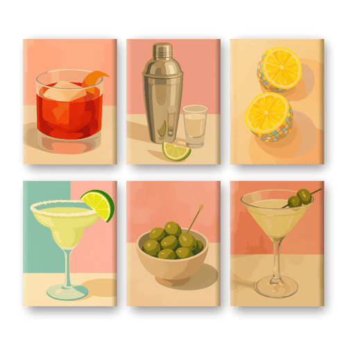 6 Mini Paintings - Vintage Cocktail Set