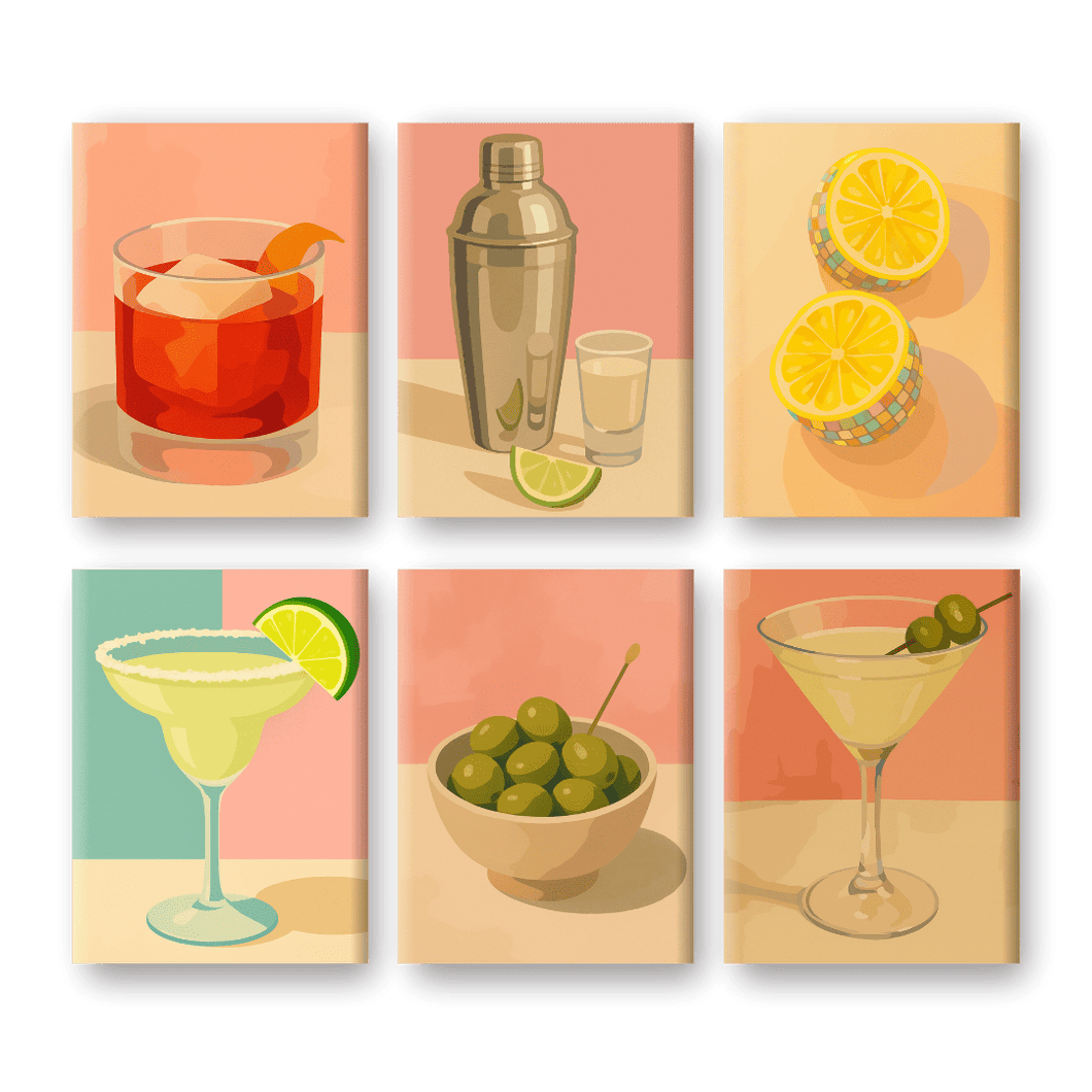 6 Mini Paintings   Vintage Cocktail Set