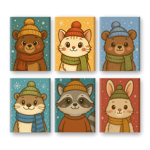 6 Mini Paintings - Winter Animals Set