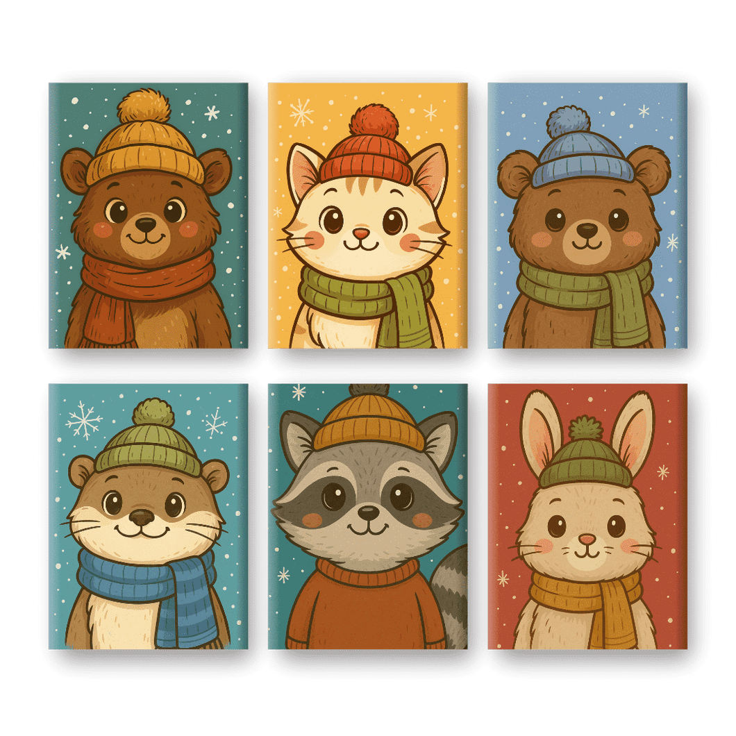 6 Mini Paintings   Winter Animals Set