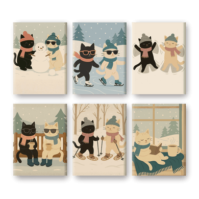 6 Mini Paintings - Winter Cats Set