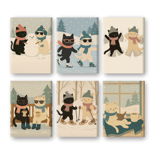 6 Mini Paintings - Winter Cats Set