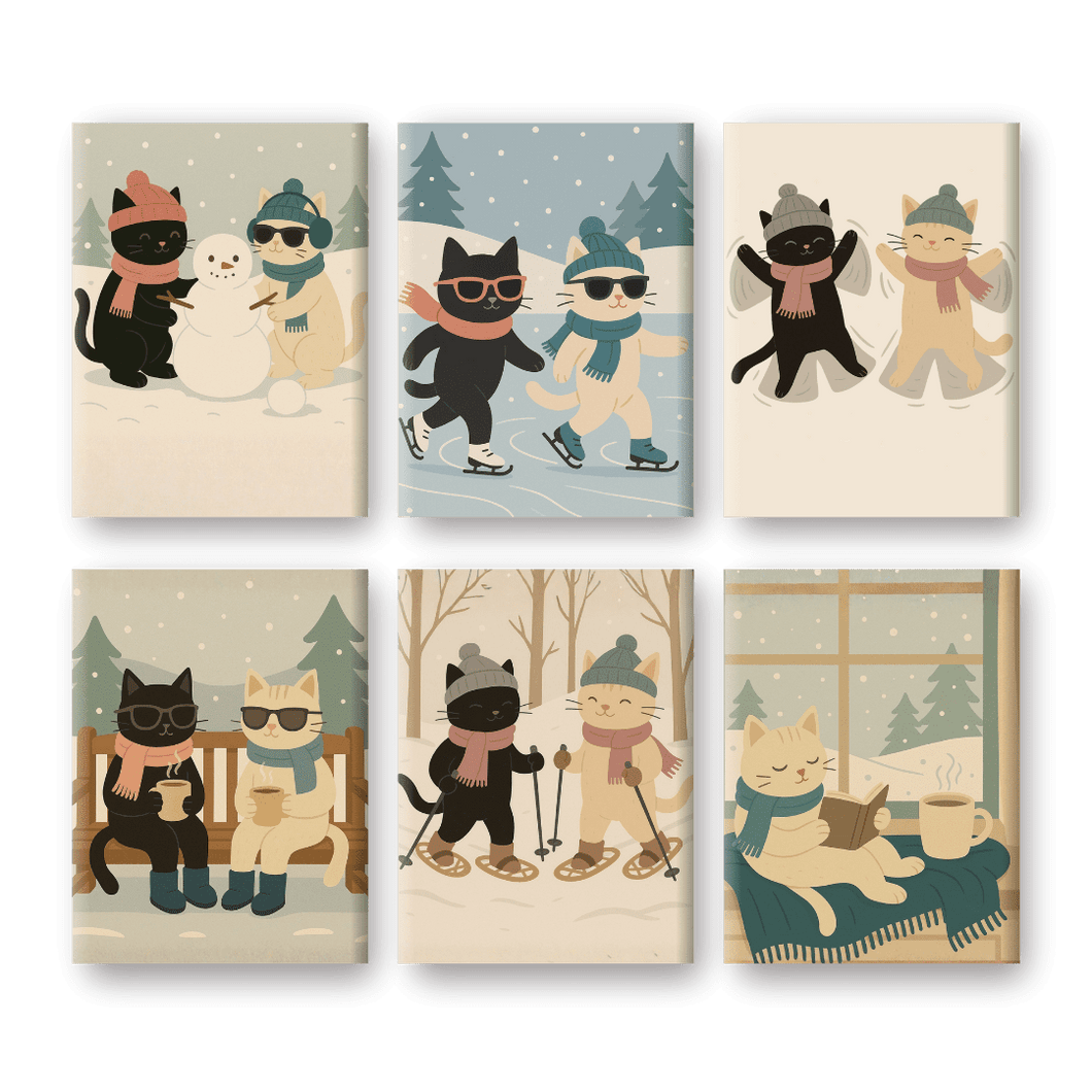 6 Mini Paintings   Winter Cats Set