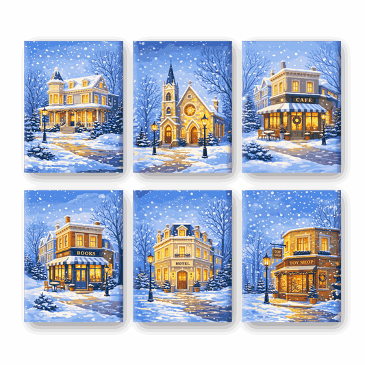 6 Mini Paintings - Winter Street Set- Paint by Numbers