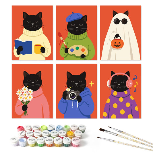 6 Wooden Board Mini Paintings – Cozy Cat Sason - Paint by numbers