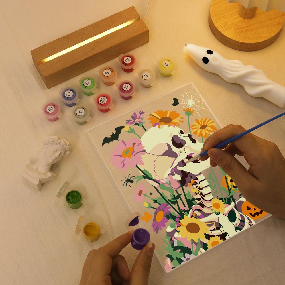 Paint by Number Halloween Lamp - Flower Skull