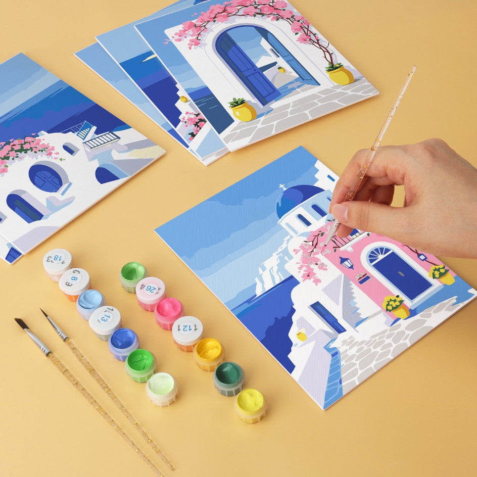 6 Wooden Board Mini Paintings – Santorini Escape