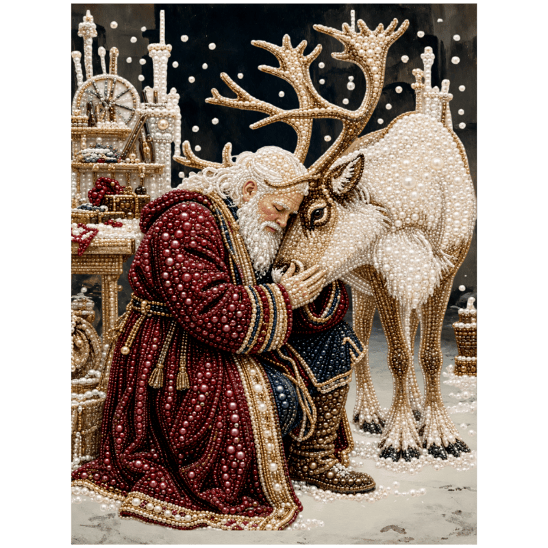 Santa and His Reindeer - Premium Pearl Diamond Art