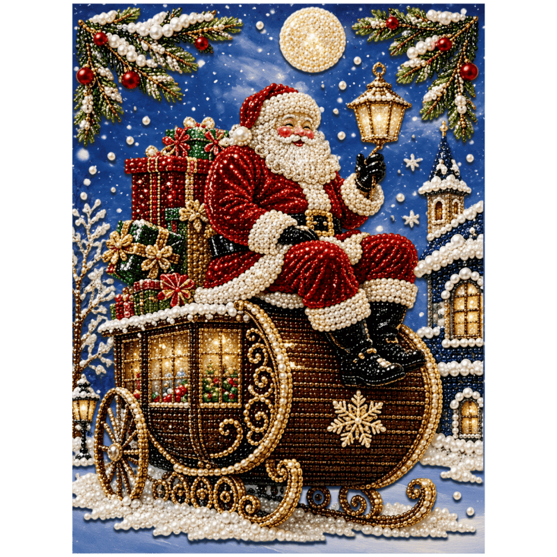 Santa on His Sleigh - Premium Pearl Diamond Art