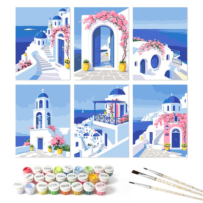 6 Wooden Board Mini Paintings – Santorini Escape - Paint by numbers