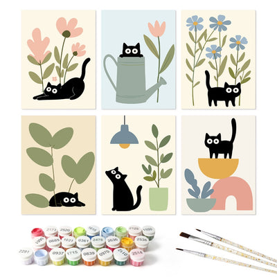 6 Wooden Board Mini Paintings – Cats Among Plants
