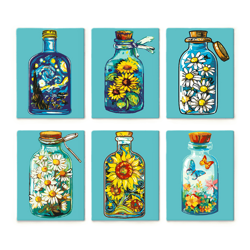 6 Mini Paintings - Colorful Bottles Set