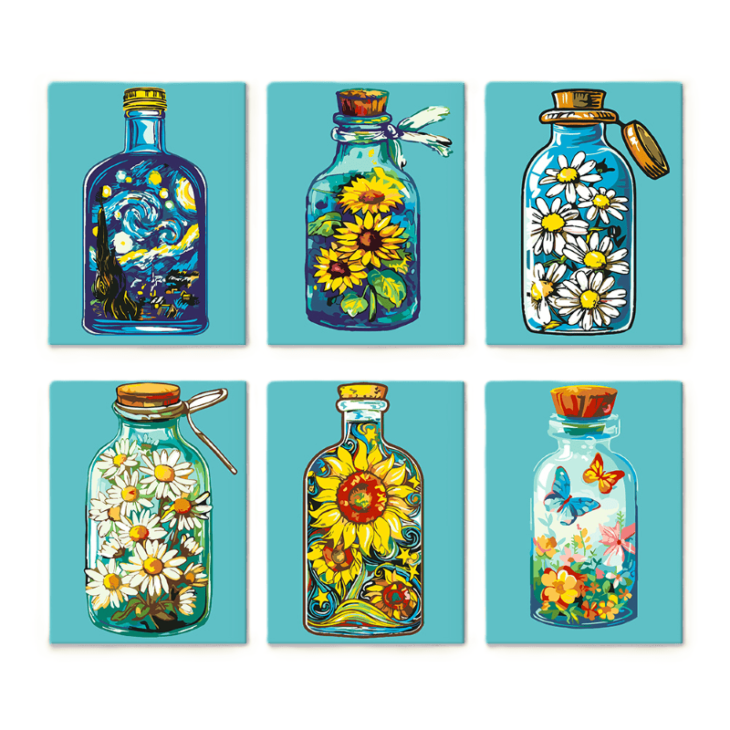 6 Mini Paintings   Colorful Bottles Set
