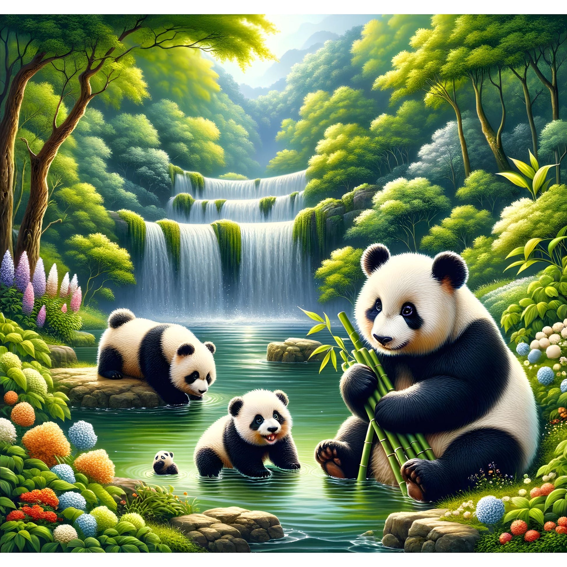 Pandas by the Waterfall - Diamond Painting