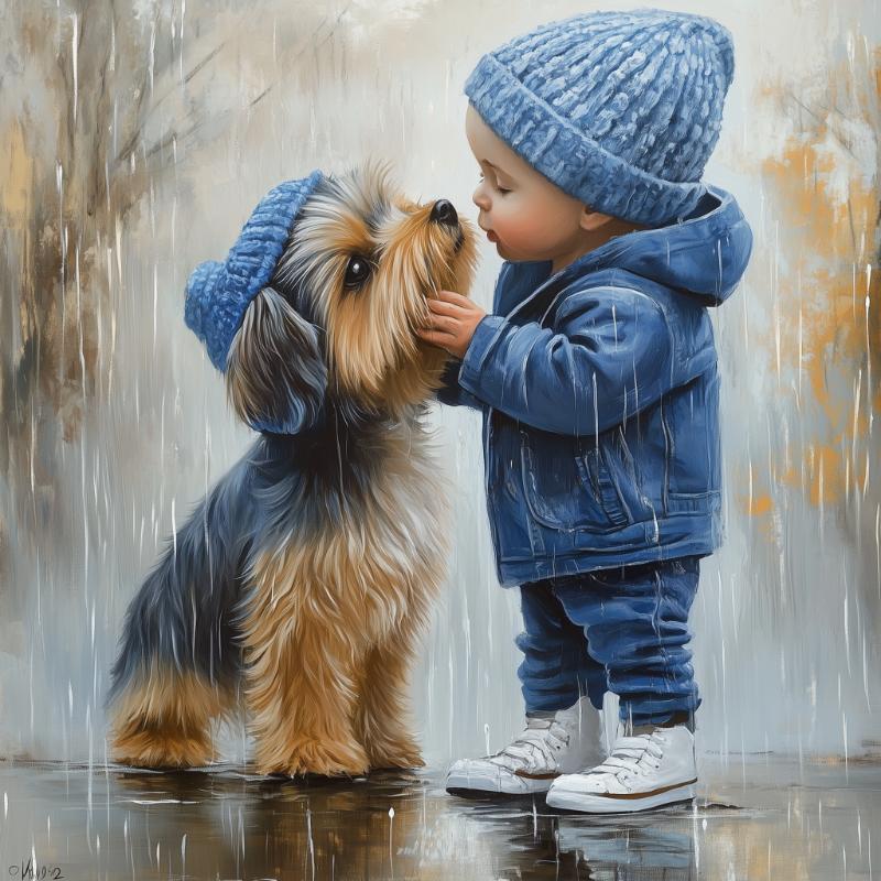 Boy with Dog in the Rain - Diamond Painting