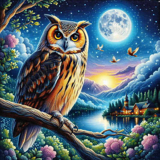 Owl by the Full Moon - Diamond Painting