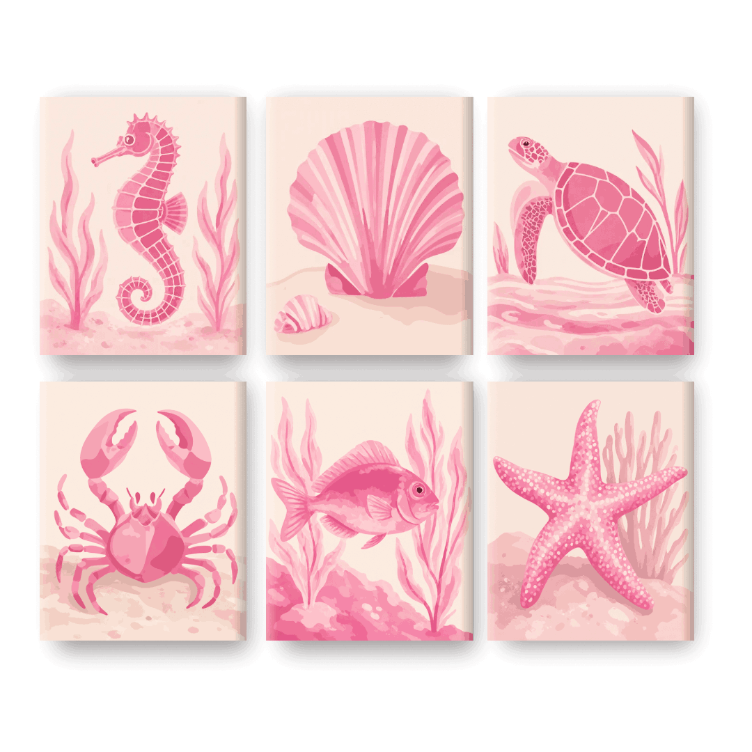 6 Mini Paintings - Pink Ocean Set- Paint by Numbers