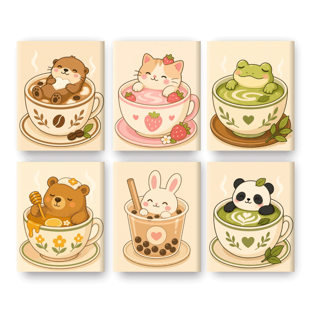6 Mini Paintings - Animals in Cups Set- Paint by Numbers