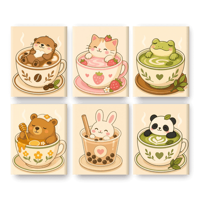6 Mini Paintings - Animals in Cups Set- Paint by Numbers