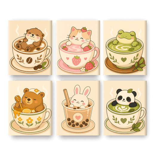 6 Mini Paintings - Animals in Cups Set- Paint by Numbers