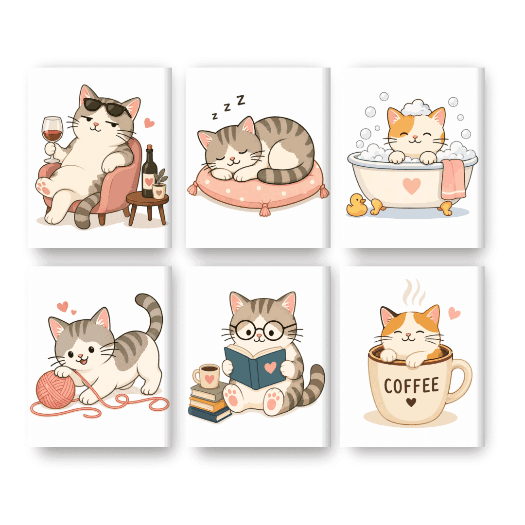 6 Mini Paintings - Kawaii Cat Life Set- Paint by Numbers