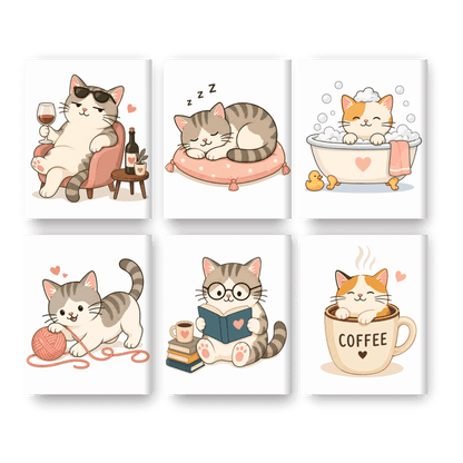 6 Mini Paintings - Kawaii Cat Life Set- Paint by Numbers