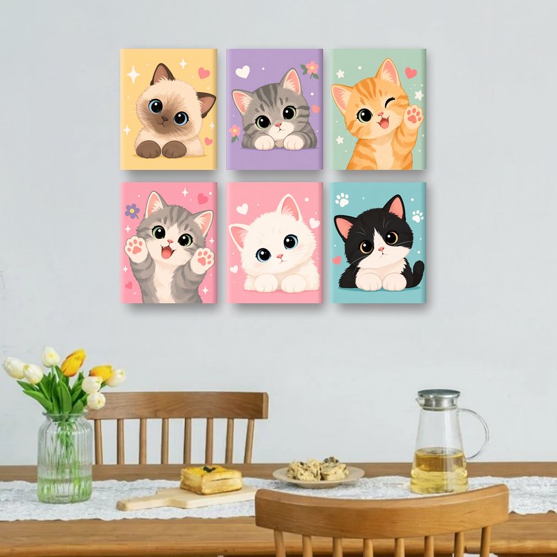 6 Mini Paintings - Cute Kawaii Cats Set