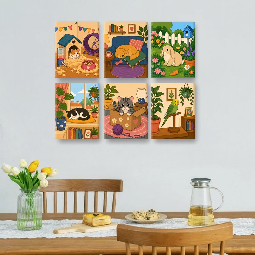 6 Mini Paintings - Cozy Pets Set