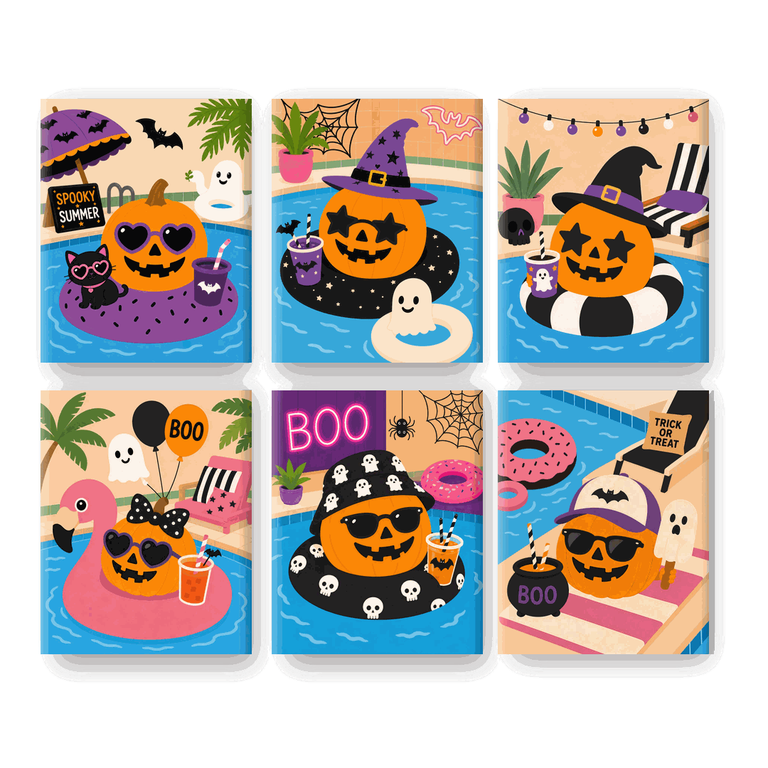 6 Mini Paintings - Spooky Pool Party Set