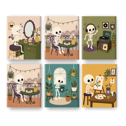 6 Mini Paintings - Cozy Skeleton Set - Paint by numbers